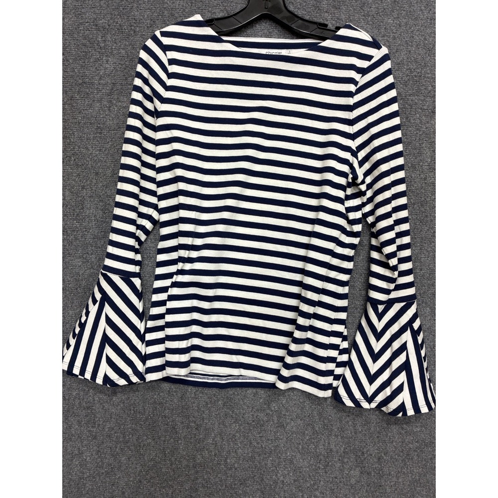 Chico's Women Blue White Striped Ribbed Knit Bell Sleeve Top Size 2 Large